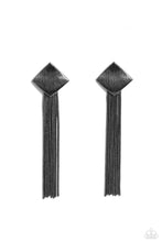 Load image into Gallery viewer, A curtain of rounded gunmetal snake chains stream out from the bottom of a scratched gunmetal frame, creating an edgy tassel. Earring attaches to a standard post fitting.
