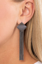 Load image into Gallery viewer, A curtain of rounded gunmetal snake chains stream out from the bottom of a scratched gunmetal frame, creating an edgy tassel. Earring attaches to a standard post fitting.
