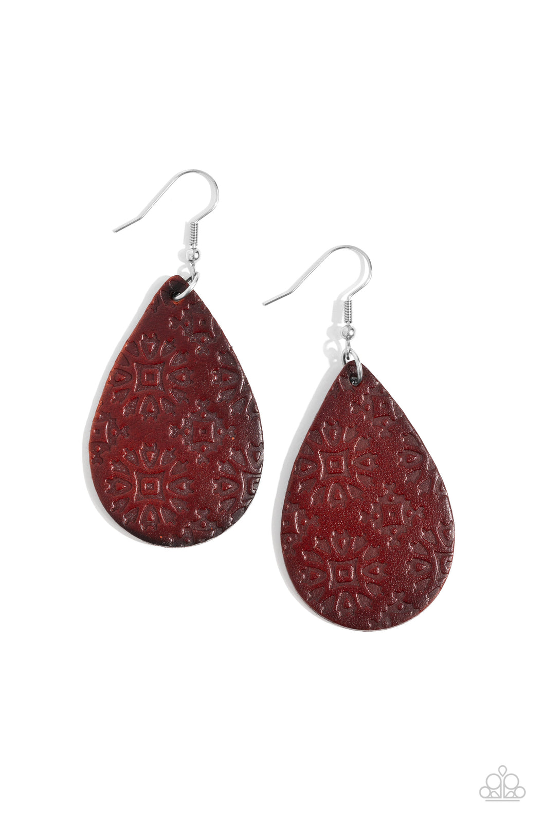 Stamped in a geometric motif, a distressed brown leather teardrop swings from the ear for a whimsically rustic flair. Earring attaches to a standard fishhook fitting. 