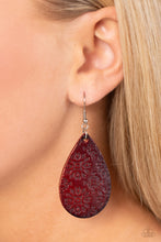 Load image into Gallery viewer, Stamped in a geometric motif, a distressed brown leather teardrop swings from the ear for a whimsically rustic flair. Earring attaches to a standard fishhook fitting. 
