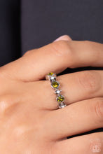 Load image into Gallery viewer, Dainty opal and glassy green rhinestones alternate across the finger, coalescing into an effervescent centerpiece. Features a dainty stretchy band for a flexible fit.
