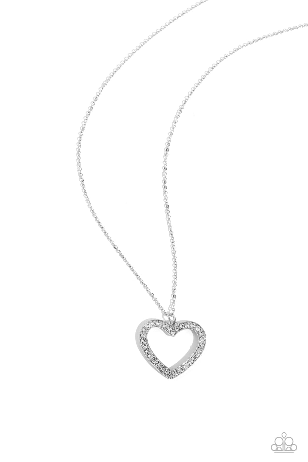 A silver heart-shaped silhouette is outlined with a border of white rhinestones and suspended from the bottom of a long silver chain. The glitzy rhinestones infuse the simple concept with irresistible sparkle, bringing a hint of glam to the charming design. Features an adjustable clasp closure.