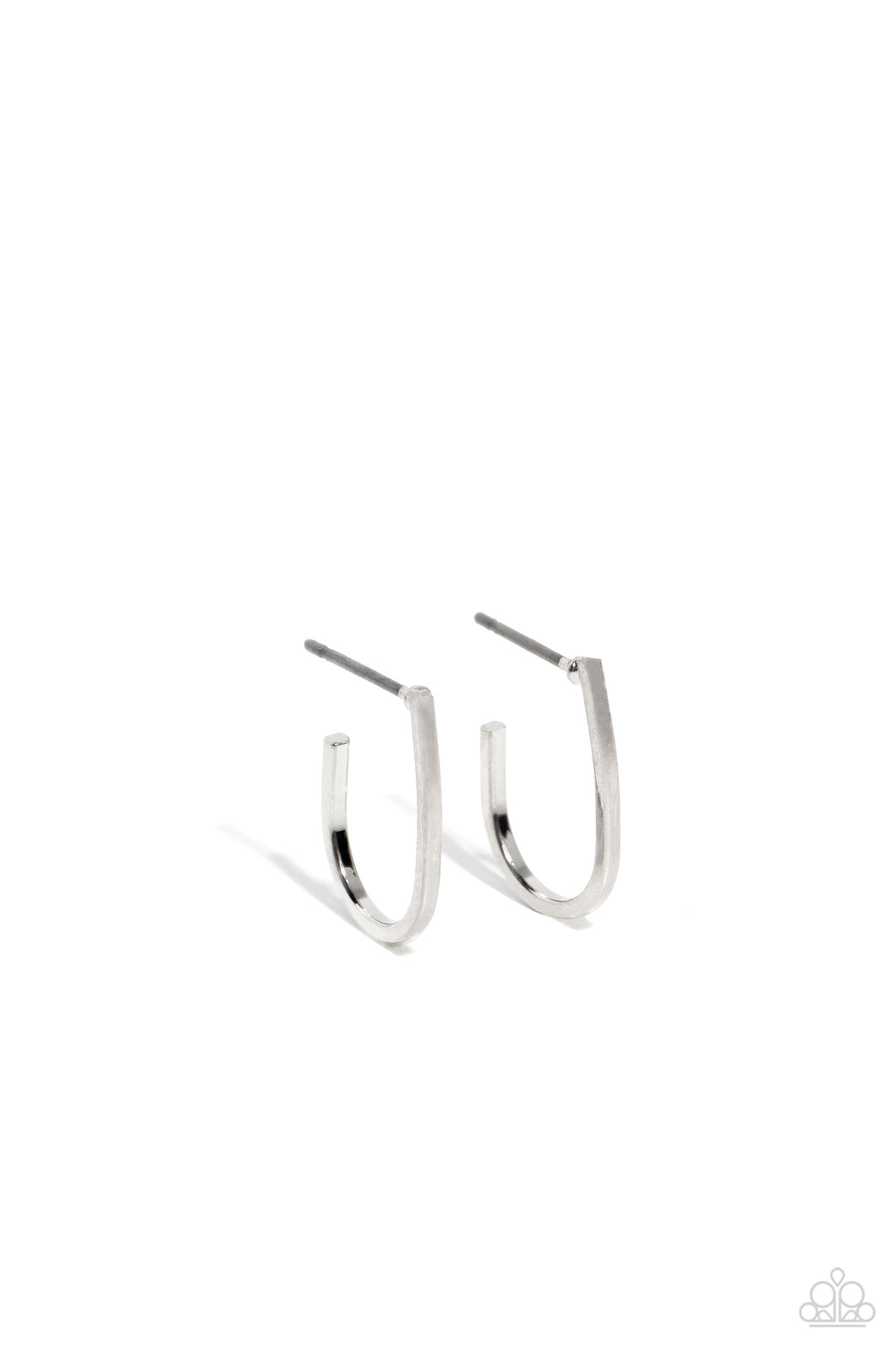 A skinny bar of silver drops from the ear, creating a dainty, elongated hoop in the shape of a 