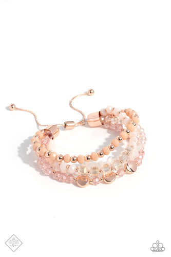 A mismatched assortment of glassy pink, Vanilla Cream, clear, and faceted peach beads joins chiseled white stones and dainty rose gold discs and studs to create a stack of dreamy layers. A Boston link rose gold chain streams from the end of the rose gold cap fittings that hold the layers in place, bringing effortless elegance to the design. Features an adjustable sliding knot closure. As the stone elements in this piece are natural, some color variation is normal.