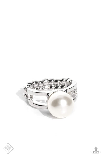 Centered between two sleek, airy, silver bands, an oversized, gleaming white pearl rests atop the finger for a simple, elegant centerpiece. Features a dainty stretchy band for a flexible fit.  Sold as one individual ring.  New Kit Fashion Fix