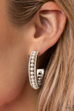 Load image into Gallery viewer, A row of dainty white pearls seemingly floats between rhinestone-encrusted bands of silver, as they curl around the ear to create an elegant hoop. Earring attaches to a standard post fitting. Hoop measures approximately 1 1/2&quot; in diameter.  Sold as one pair of hoop earrings.
