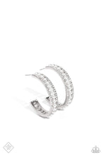 Load image into Gallery viewer, A row of dainty white pearls seemingly floats between rhinestone-encrusted bands of silver, as they curl around the ear to create an elegant hoop. Earring attaches to a standard post fitting. Hoop measures approximately 1 1/2&quot; in diameter.  Sold as one pair of hoop earrings.
