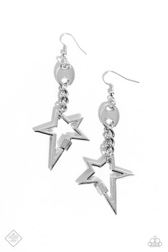 An asymmetrical silver star swings from thick silver chain links and a unique hardware fitting, resulting in an iconic lure. A thick carabiner accent of silver rests along the star's frame for additional monochromatic detail. Earring attaches to a standard fishhook fitting.  Sold as one pair of earrings.  New Kit