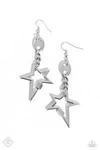 An asymmetrical silver star swings from thick silver chain links and a unique hardware fitting, resulting in an iconic lure. A thick carabiner accent of silver rests along the star's frame for additional monochromatic detail. Earring attaches to a standard fishhook fitting.  Sold as one pair of earrings.  New Kit