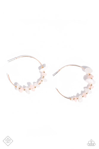 A calming collection of perfectly unfinished white stones and rose quartz pieces alternate with rose gold studs, as they are delicately threaded along a dainty rose gold wire, creating an artisan-inspired hoop. Earring attaches to a standard post fitting. Hoop measures approximately 1 3/4