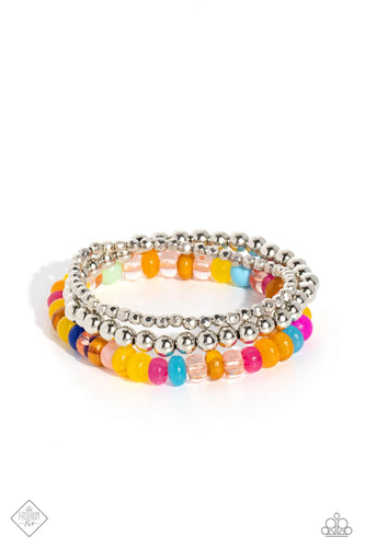 Two strands of faceted and high-sheen silver beads combine with a single strand of vivacious colorful beads to create an effortless stack of stretchy bracelets. The colorful beads vary in sheen and opacity, offering additional depth and dimension to the design.  Sold as one set of three bracelets.  New Kit Fashion Fix