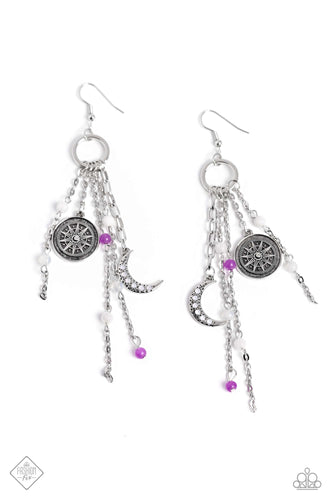 Featuring a shoulder-dusting length, an adventurous collection of amethyst and white stones, dainty opalescent beads, a silver moon encrusted with dainty opalescent beads, an antiqued silver disc embossed with compass details, and dainty silver chain links cascade from the bottom of a textured silver hoop, creating a whimsical fringe. Earring attaches to a standard fishhook fitting.  Sold as one pair of earrings.