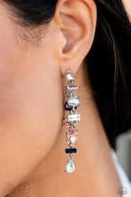 Load image into Gallery viewer, White, blue, and peach rhinestones sparkle among polished white pearls, as they fall from the ear in two separate strands. Pronged fittings and dramatic angular cuts infuse the design with vintage refinement, as the double-sided post swings from a classic solitaire rhinestone with effortless elegance. Earring attaches to a standard post fitting.  Sold as one pair of double-sided post earrings.
