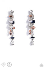 Load image into Gallery viewer, White, blue, and peach rhinestones sparkle among polished white pearls, as they fall from the ear in two separate strands. Pronged fittings and dramatic angular cuts infuse the design with vintage refinement, as the double-sided post swings from a classic solitaire rhinestone with effortless elegance. Earring attaches to a standard post fitting.  Sold as one pair of double-sided post earrings.
