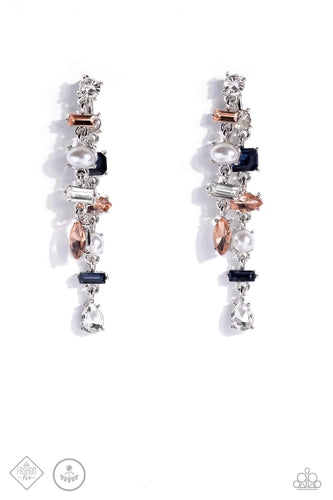 White, blue, and peach rhinestones sparkle among polished white pearls, as they fall from the ear in two separate strands. Pronged fittings and dramatic angular cuts infuse the design with vintage refinement, as the double-sided post swings from a classic solitaire rhinestone with effortless elegance. Earring attaches to a standard post fitting.  Sold as one pair of double-sided post earrings.