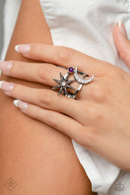 Load image into Gallery viewer, Featuring opalescent rhinestones and a border of tiny silver studs, a three-dimensional silver star and moon sit atop an airy silver band for a stellar look. A dainty amethyst stone dots between the two cosmic charms for a pop of earthy color. Features a stretchy band for a flexible fit.  Sold as one individual ring.
