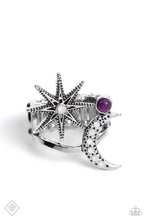 Load image into Gallery viewer, Featuring opalescent rhinestones and a border of tiny silver studs, a three-dimensional silver star and moon sit atop an airy silver band for a stellar look. A dainty amethyst stone dots between the two cosmic charms for a pop of earthy color. Features a stretchy band for a flexible fit.  Sold as one individual ring.
