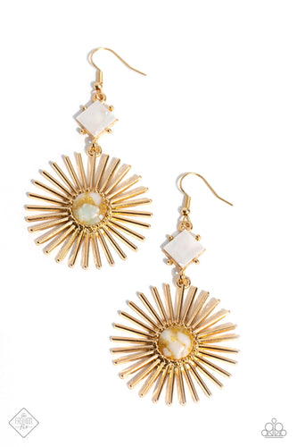 A white shell is tilted on its side and bordered by gold studs, giving way to a large gold sunburst dotted with a multicolored stone center; resulting in a whimsically radiant lure. Earring attaches to a standard fishhook fitting. As the stone elements in this piece are natural, some color variation is normal.  Sold a