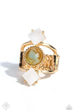 Load image into Gallery viewer, A marbled blue stone is wrapped in a dainty border of textured gold, as it sits between two arcing gold bands atop the finger. Two white shells — each tilted on point — lay above and below the polished blue stone, resulting in an elongated stack of earthy elegance. Features a stretchy band for a flexible fit. As the stone elements in this piece are natural, some color variation is normal.  Sold as one individual ring.
