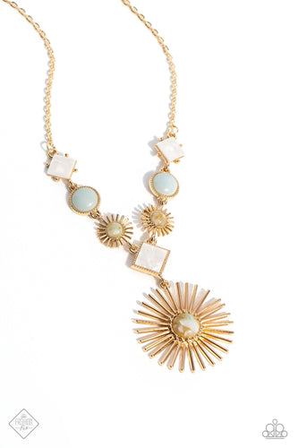 Featuring various gold fittings, white shells tilted on a point, muted blue stones, and gold sunburst frames with multicolored stone centers link below the collar on a dainty gold chain. A larger gold sunburst frame with a multicolored stone center, swings from the bottom, creating an earthy display. Features an adjustable clasp closure. As the stone elements in this piece are natural, some color variation is normal.  Sold as one individual necklace. Includes one pair of ma