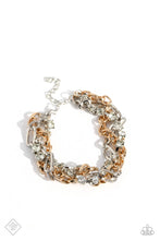 Load image into Gallery viewer, Mismatched strands of glistening gold and silver oval links are intertwined with a row of sparkling, square-cut, white rhinestones encased in sleek silver fittings, resulting in a twisted collision of grit and glamour around the wrist. Features an adjustable clasp closure.  Sold as one individual bracelet.
