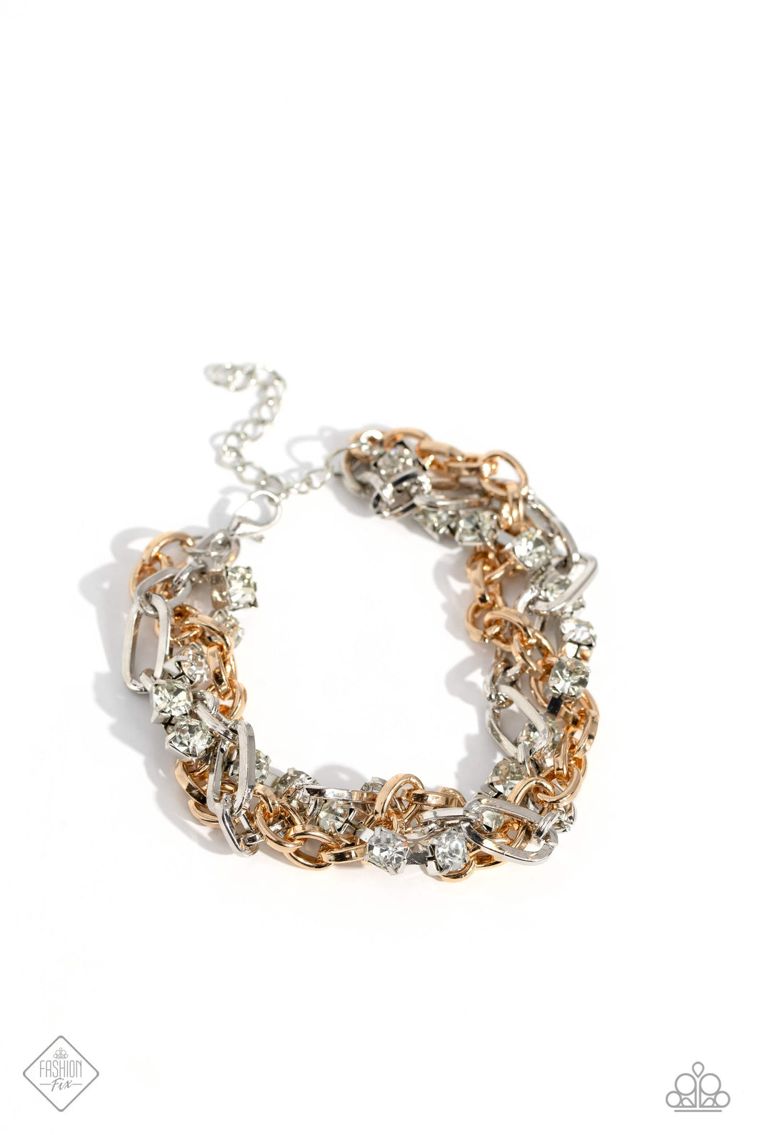 Mismatched strands of glistening gold and silver oval links are intertwined with a row of sparkling, square-cut, white rhinestones encased in sleek silver fittings, resulting in a twisted collision of grit and glamour around the wrist. Features an adjustable clasp closure.  Sold as one individual bracelet.
