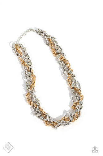 Mismatched strands of glistening gold and silver oval links are intertwined with a row of sparkling, square-cut, white rhinestones encased in sleek silver fittings, resulting in a twisted collision of grit and glamour along the neckline. Features an adjustable clasp closure.  Sold as one individual necklace. Includes one pair of matching earrings.