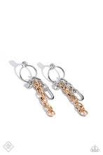 Load image into Gallery viewer, A strand of oversized silver chain links slides along the bottom of a simple silver hoop, colliding with a solitaire rhinestone and a cascade of shimmery gold chain. A classic white rhinestone sits atop the silver hoop, anchoring the industrial mashup to a glitzy foundation. Earring attaches to a standard post fitting.  Sold as one pair of post earrings.
