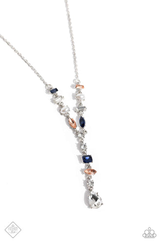 Featuring pronged silver fittings, mismatched polished white pearls and various glassy white, blue, and peachy gems dance along a shimmery dainty silver chain. Matching gems trickle along a single silver chain with an exaggerated white gem teardrop at the bottom of the design, creating an extended pendant below the collar. Features an adjustable clasp closure.  Sold as one individual necklace. Includes one pair of matching earrings.
