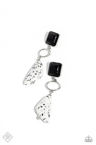 A black acrylic square, pressed in a sleek silver fitting gives way to an airy silver oval. An asymmetrical white stone triangle, featuring a black spotted motif, swings from the airy oval, adding artisanal movement to the high-end earthy display. Earring attaches to a standard post fitting. As the stone elements in this piece are natural, some color variation is normal.