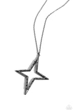 Load image into Gallery viewer, Blinding hematite emerald-cut gems are encrusted across the front of an oversized three-dimensional gunmetal star frame at the bottom of a lengthened gunmetal chain, resulting in a stellar sparkle. Features an adjustable clasp closure.
