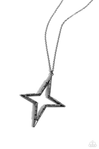 Blinding hematite emerald-cut gems are encrusted across the front of an oversized three-dimensional gunmetal star frame at the bottom of a lengthened gunmetal chain, resulting in a stellar sparkle. Features an adjustable clasp closure.