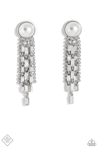 Gradually decreasing in length, strand after strand of glittery white rhinestones and emerald-cut white gems stream from silver fittings, creating a refined fringe that falls effortlessly from a solitaire oversized pearl for an elegant centerpiece. Earring attaches to a standard post fitting.