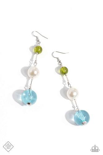 Alternating in glass-like finishes, polished olive and turquoise orbs gradually increase in size as they connect into a colorful lure. A classic white pearl separates the two spheres for a hint of bubbly refinement. Earring attaches to a standard fishhook fitting.  Sold as one pair of earrings.