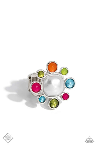 Pressed into a high-sheen silver frame, glassy and milky olive, Pink Peacock, turquoise, orange, and Kohlrabi petals encircle an abstract pearly center, creating an ethereal flower centerpiece atop the finger. Features a stretchy band for a flexible fit.  Sold as one individual ring.