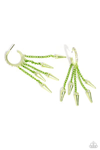 Strands of metallic green chain are embellished with low-hanging metallic green spikes from a rhinestone-encrusted metallic green hoop for a punk-inspired statement. Earring attaches to a standard post fitting. Hoop measures approximately 3/4" in diameter.