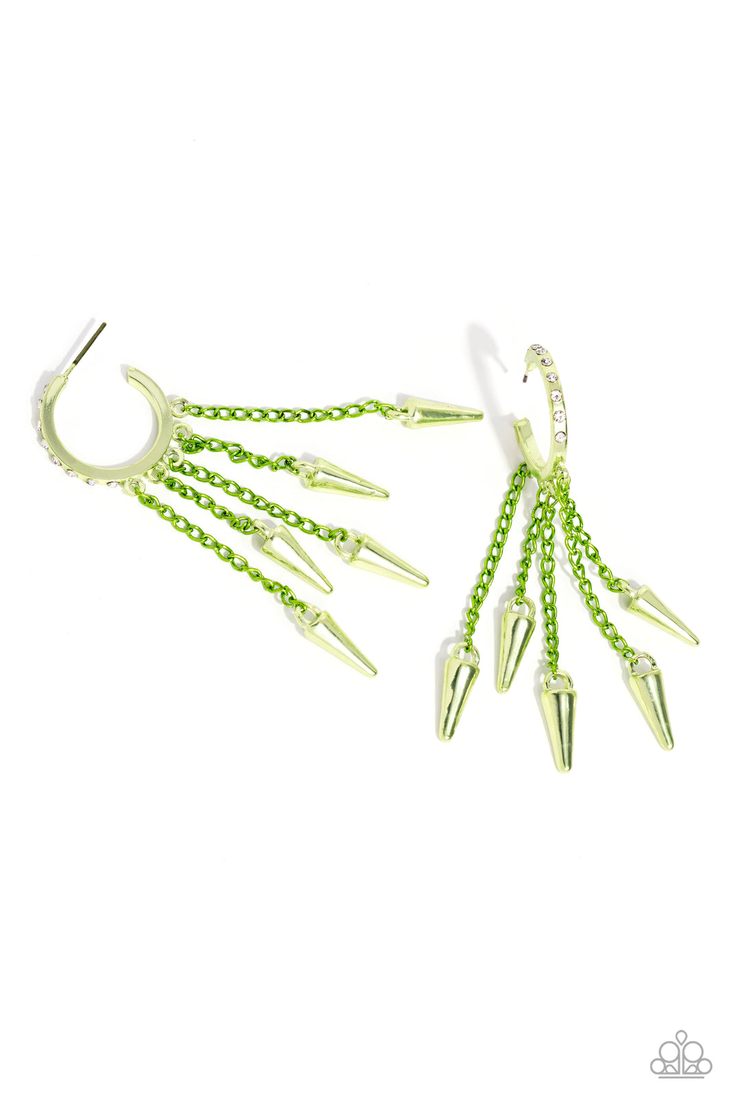 Strands of metallic green chain are embellished with low-hanging metallic green spikes from a rhinestone-encrusted metallic green hoop for a punk-inspired statement. Earring attaches to a standard post fitting. Hoop measures approximately 3/4