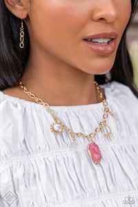 Gathering along a gold paperclip chain, a collection of whimsically earthy charms gather including an opalescent bead pressed in a gold studded frame, a gold studded ring with flared gold bars, a pink geode stone encased in gold, and chiseled pieces of white stone. Features an adjustable clasp closure. As the stone elements in this piece are natural, some color variation is normal.  Sold as one individual necklace. Includes one pair of matching earrings.