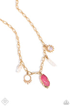Load image into Gallery viewer, Gathering along a gold paperclip chain, a collection of whimsically earthy charms gather including an opalescent bead pressed in a gold studded frame, a gold studded ring with flared gold bars, a pink geode stone encased in gold, and chiseled pieces of white stone. Features an adjustable clasp closure. As the stone elements in this piece are natural, some color variation is normal.  Sold as one individual necklace. Includes one pair of matching earrings.

