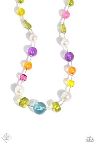 Infused along a glass rod chain, a polished collection of multicolored spheres and glossy white pearls in varying sizes alternate around the neckline for a colorfully refined display. Features an adjustable clasp closure.  Sold as one individual necklace. Includes one pair of matching earrings.