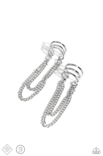 Trestles of dainty shimmery silver chains cascade from the bottom of a stacked, airy silver cuff, creating an adjustable, edgy, one-size-fits-all display.  Sold as one pair of cuff earrings.  New Kit Fashion Fix Ear Cuff