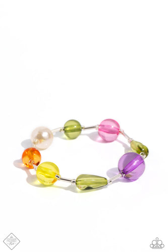 Infused along a glass rod encased elastic band, a polished collection of multicolored orb-like spheres and glossy white pearls in varying sizes alternate around the wrist for a colorfully refined display.  Sold as one individual bracelet.
