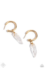 Load image into Gallery viewer, A small, skinny, gold hoop curves around the ear in a timeless fashion. A gold ball is affixed to the end of the hoop, reminiscent of a barbell fitting. Delicately attached to gold wire, a chiseled piece of clear white stone slides along the curvature of the hoop, adding a surprising hint of stony movement. Earring attaches to a standard post fitting. Hoop measures approximately 3/4&quot; in diameter. As the stone elements in this piece are natural, some color variation is normal.
