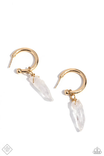 A small, skinny, gold hoop curves around the ear in a timeless fashion. A gold ball is affixed to the end of the hoop, reminiscent of a barbell fitting. Delicately attached to gold wire, a chiseled piece of clear white stone slides along the curvature of the hoop, adding a surprising hint of stony movement. Earring attaches to a standard post fitting. Hoop measures approximately 3/4