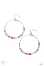 Load image into Gallery viewer, Featuring a flashy faceted finish, glittery multicolored beads, multicolored seed beads, clear beads, and silver accents glide along a silver wire hoop, creating a free-moving colorful design. Earring attaches to a standard fishhook fitting.  Sold as one pair of earrings.
