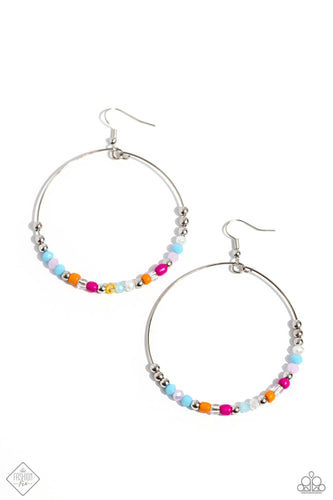 Featuring a flashy faceted finish, glittery multicolored beads, multicolored seed beads, clear beads, and silver accents glide along a silver wire hoop, creating a free-moving colorful design. Earring attaches to a standard fishhook fitting.  Sold as one pair of earrings.