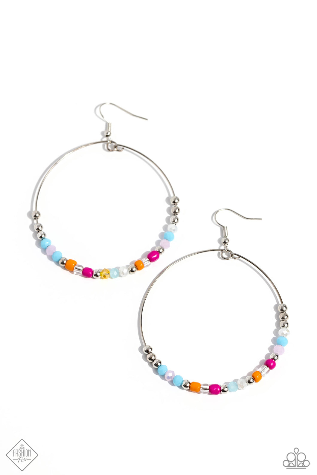 Featuring a flashy faceted finish, glittery multicolored beads, multicolored seed beads, clear beads, and silver accents glide along a silver wire hoop, creating a free-moving colorful design. Earring attaches to a standard fishhook fitting.  Sold as one pair of earrings.