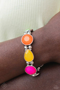 Separated by stacks of silver beads, a multicolored collection of faceted beads in round and teardrop frames coalesces around the wrist on elastic stretchy bands for a fun-loving pop of color.  Sold as one individual bracelet.