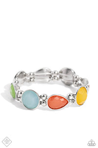 Separated by stacks of silver beads, a multicolored collection of faceted beads in round and teardrop frames coalesces around the wrist on elastic stretchy bands for a fun-loving pop of color.  Sold as one individual bracelet.