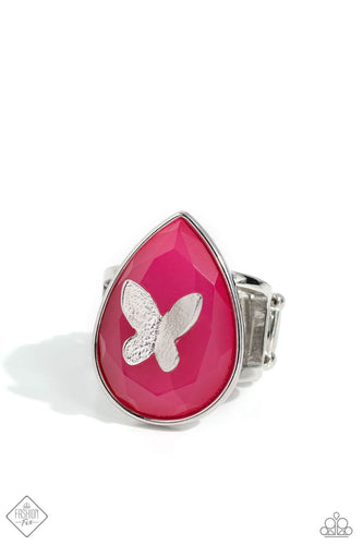Fluttering atop a tranquil pink acrylic teardrop, a dainty silver butterfly is nestled inside a sleek silver fitting for a seasonal look. Features a stretchy band for a flexible fit.  Sold as one individual ring.
